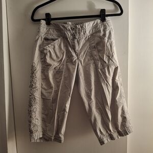 INC Women's Beige Cropped Pants with Embroidered Detail